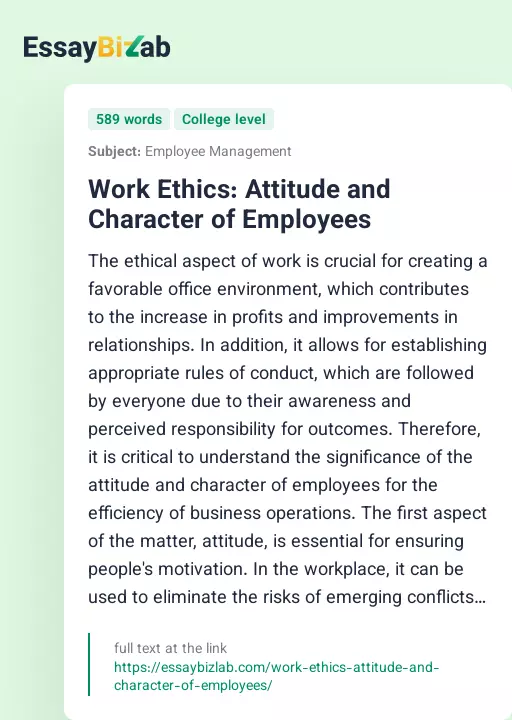 Work Ethics: Attitude and Character of Employees - Essay Preview