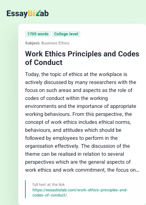 Work Ethics Principles and Codes of Conduct - Essay Preview