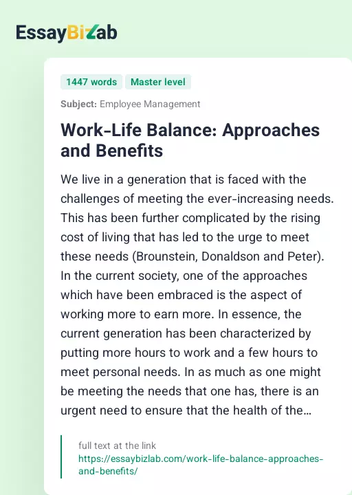 Work-Life Balance: Approaches and Benefits - Essay Preview