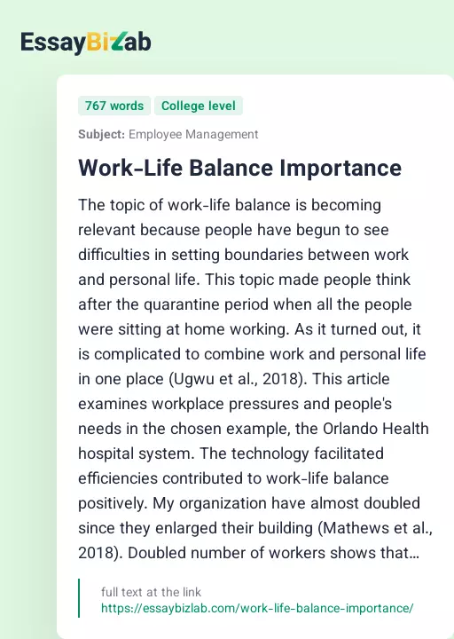 Work-Life Balance Importance - Essay Preview