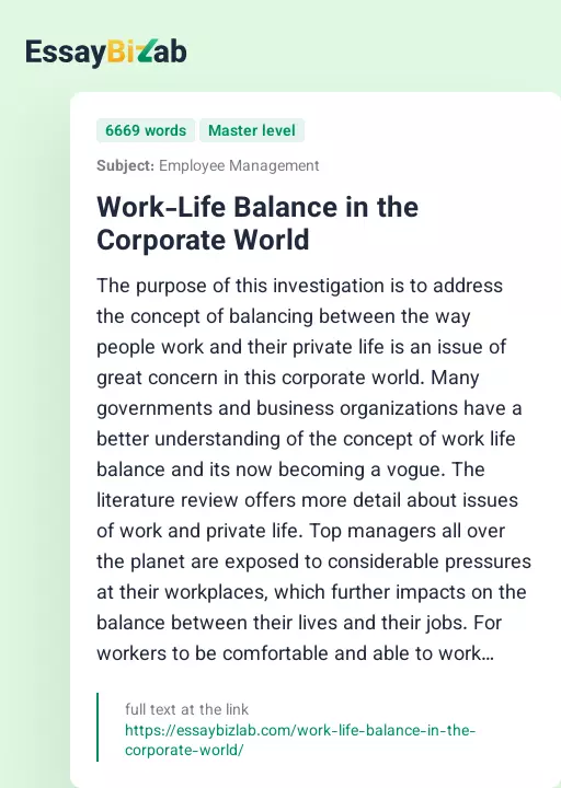 Work-Life Balance in the Corporate World - Essay Preview