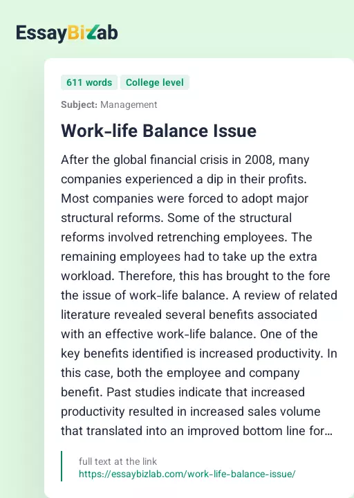 Work-life Balance Issue - Essay Preview