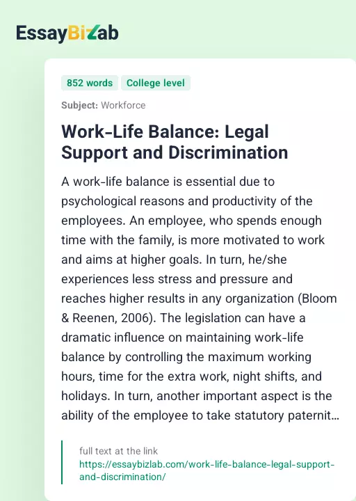 Work-Life Balance: Legal Support and Discrimination - Essay Preview