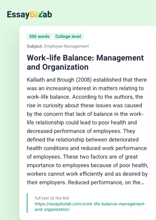 Work-life Balance: Management and Organization - Essay Preview
