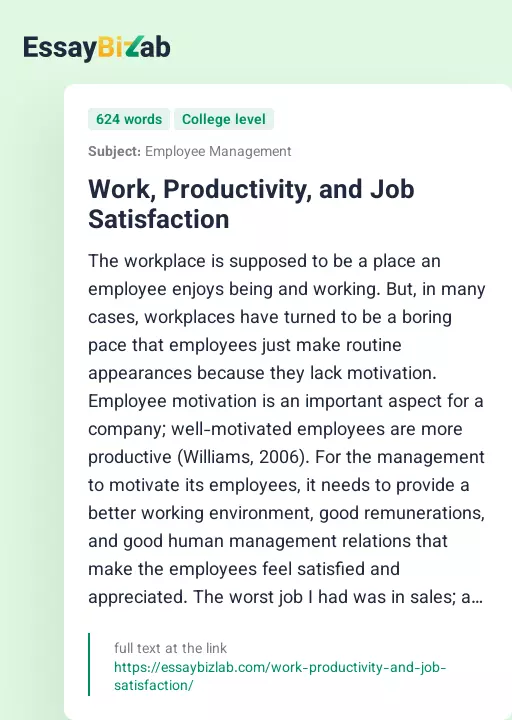 Work, Productivity, and Job Satisfaction - Essay Preview