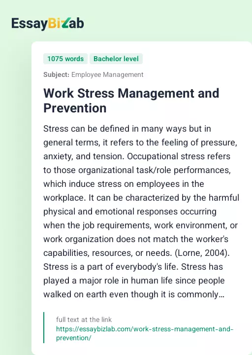 Work Stress Management and Prevention - Essay Preview
