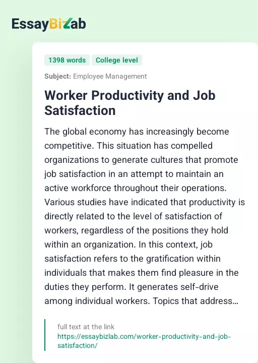 Worker Productivity and Job Satisfaction - Essay Preview