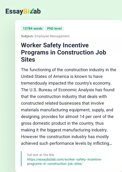 Worker Safety Incentive Programs in Construction Job Sites - Essay Preview