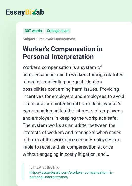 Worker's Compensation in Personal Interpretation - Essay Preview
