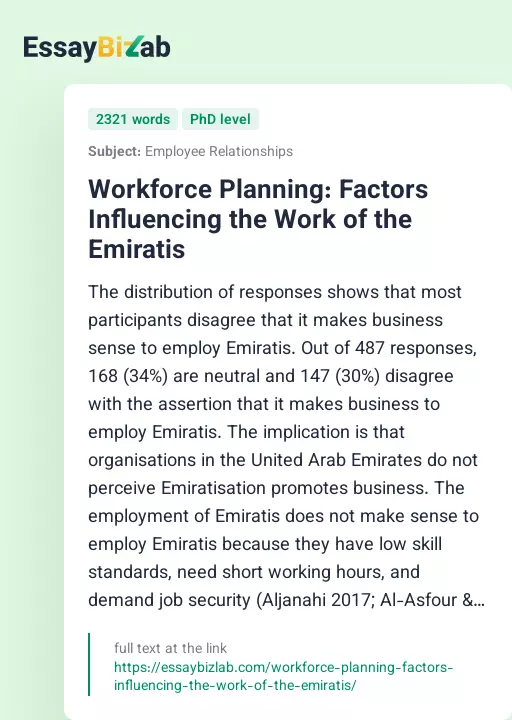 Workforce Planning: Factors Influencing the Work of the Emiratis - Essay Preview