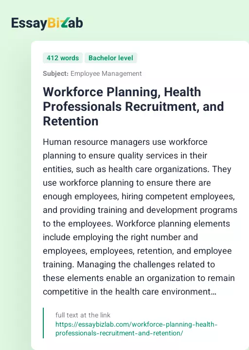 Workforce Planning, Health Professionals Recruitment, and Retention - Essay Preview