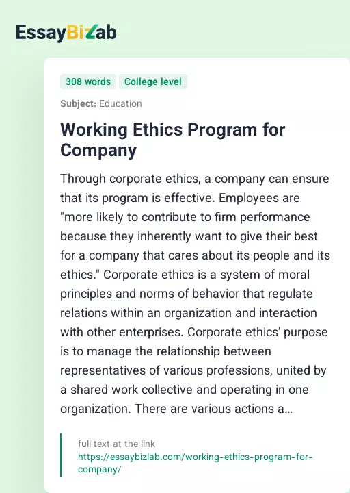 Working Ethics Program for Company - Essay Preview