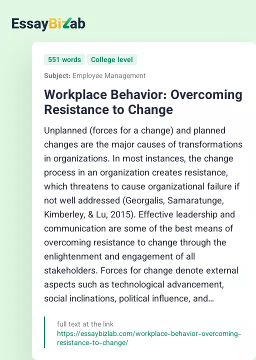 Workplace Behavior: Overcoming Resistance to Change - Essay Preview