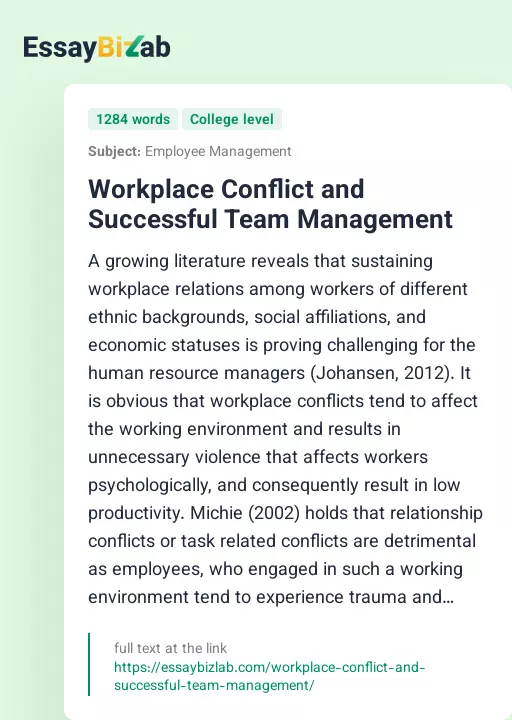 Workplace Conflict and Successful Team Management - Essay Preview