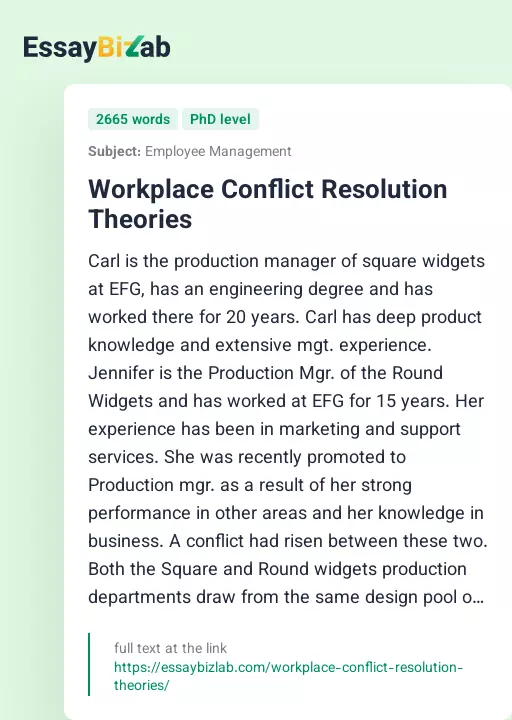 Workplace Conflict Resolution Theories - Essay Preview