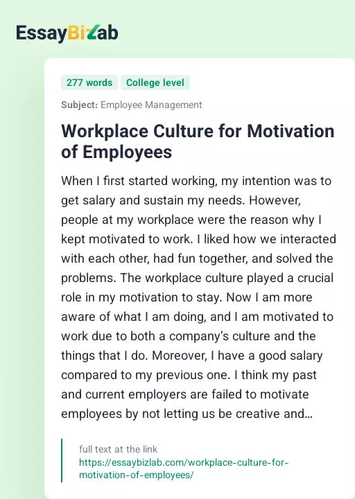 Workplace Culture for Motivation of Employees - Essay Preview