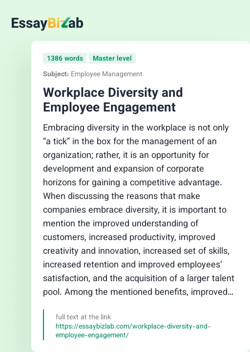 Workplace Diversity and Employee Engagement - Essay Preview