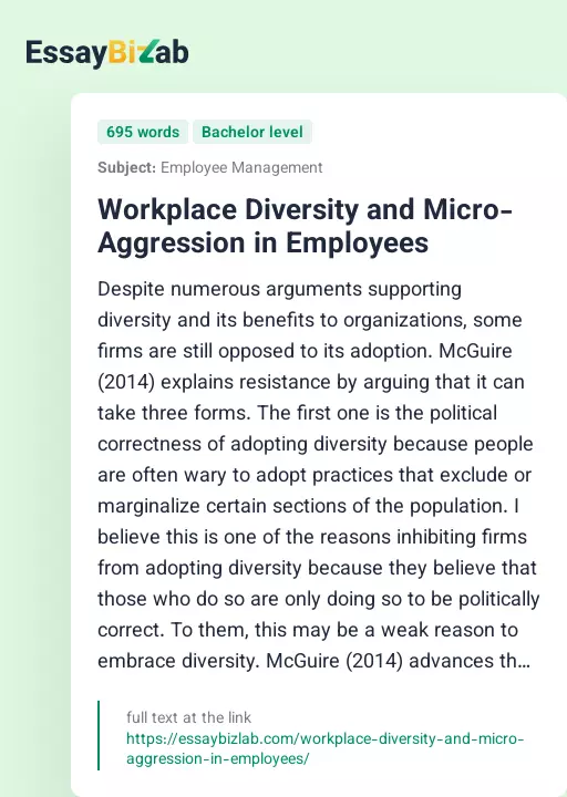Workplace Diversity and Micro-Aggression in Employees - Essay Preview