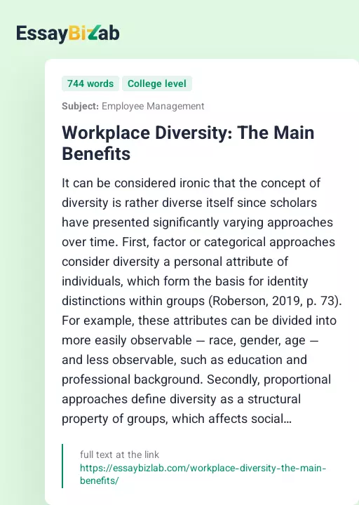 Workplace Diversity: The Main Benefits - Essay Preview