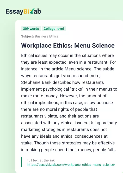 Workplace Ethics: Menu Science - Essay Preview