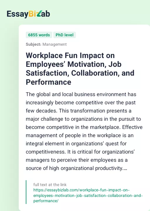 Workplace Fun Impact on Employees’ Motivation, Job Satisfaction, Collaboration, and Performance - Essay Preview