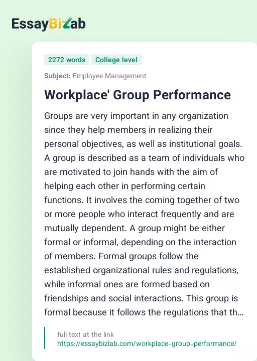 Workplace' Group Performance - Essay Preview