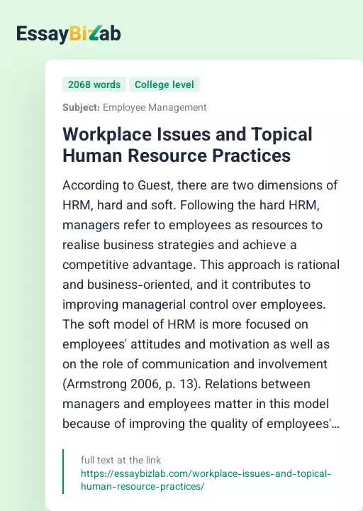 Workplace Issues and Topical Human Resource Practices - Essay Preview