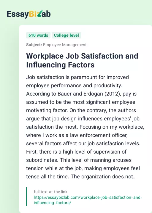 Workplace Job Satisfaction and Influencing Factors - Essay Preview