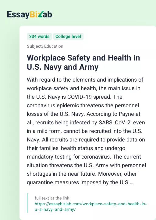 Workplace Safety and Health in U.S. Navy and Army - Essay Preview