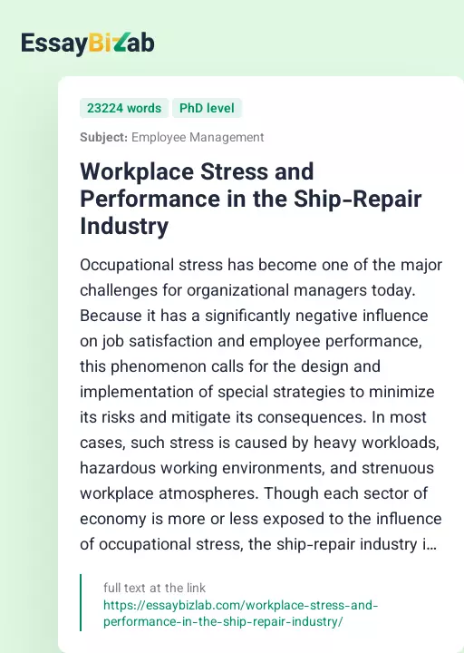 Workplace Stress and Performance in the Ship-Repair Industry - Essay Preview