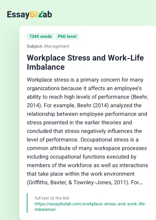 Workplace Stress and Work-Life Imbalance - Essay Preview