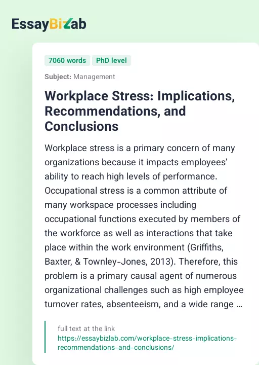 Workplace Stress: Implications, Recommendations, and Conclusions - Essay Preview
