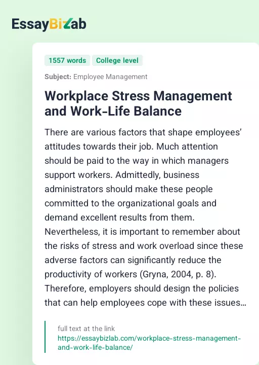 Workplace Stress Management and Work-Life Balance - Essay Preview