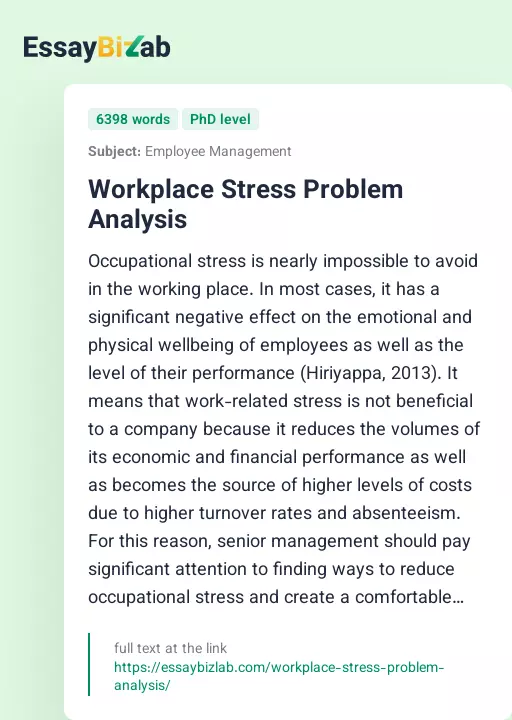Workplace Stress Problem Analysis - Essay Preview