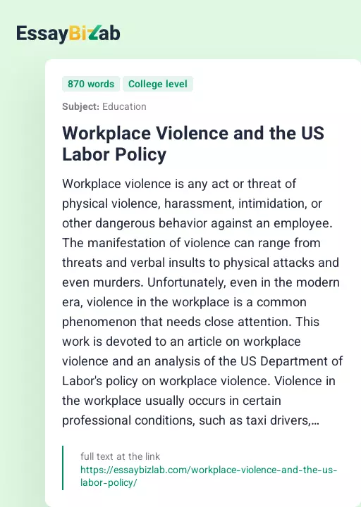 Workplace Violence and the US Labor Policy - Essay Preview