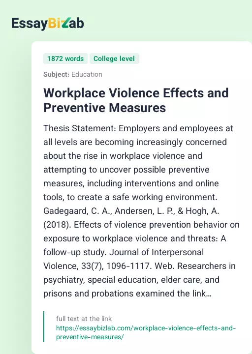 Workplace Violence Effects and Preventive Measures - Essay Preview