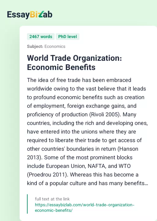 World Trade Organization: Economic Benefits - Essay Preview