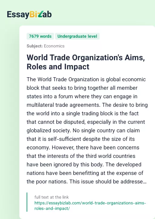 World Trade Organization's Aims, Roles and Impact - Essay Preview
