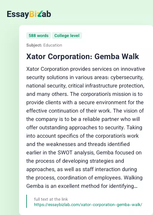 Xator Corporation: Gemba Walk - Essay Preview