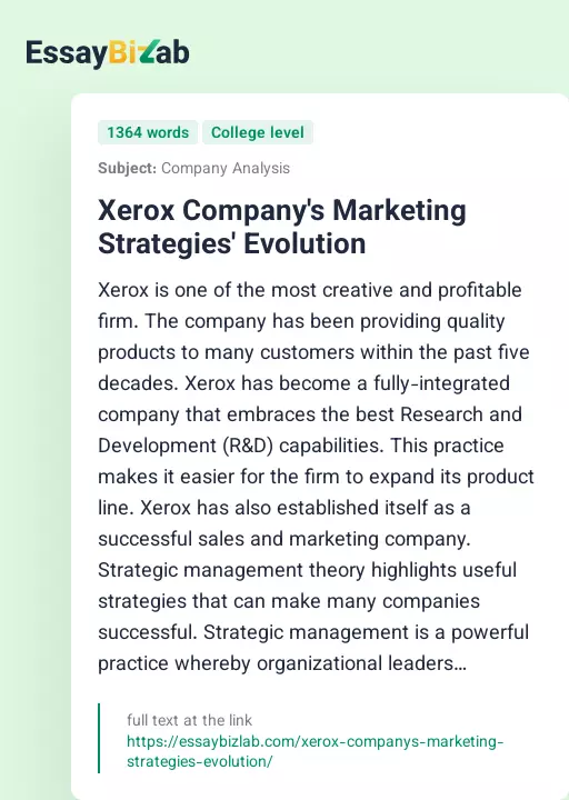 Xerox Company's Marketing Strategies' Evolution - Essay Preview