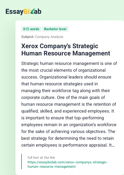 Xerox Company's Strategic Human Resource Management - Essay Preview