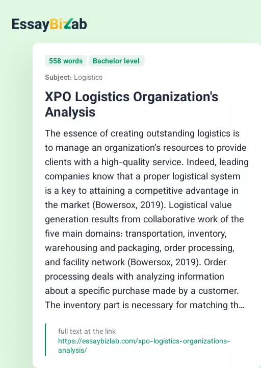 XPO Logistics Organization's Analysis - Essay Preview