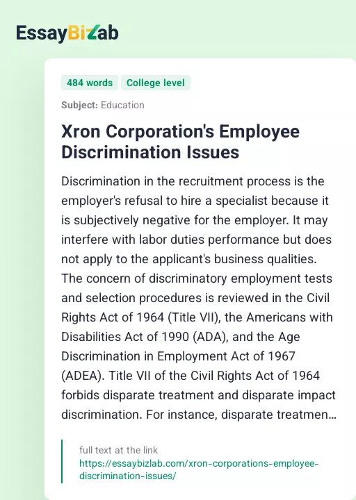 Xron Corporation's Employee Discrimination Issues - Essay Preview