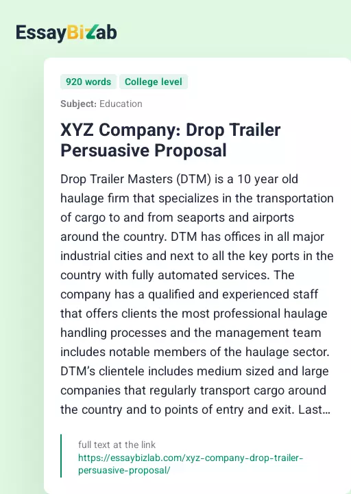 XYZ Company: Drop Trailer Persuasive Proposal - Essay Preview