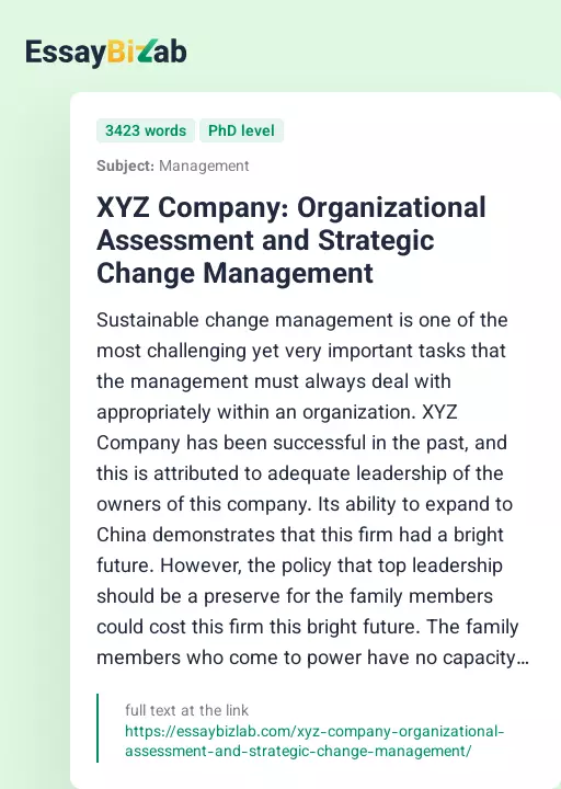 XYZ Company: Organizational Assessment and Strategic Change Management - Essay Preview