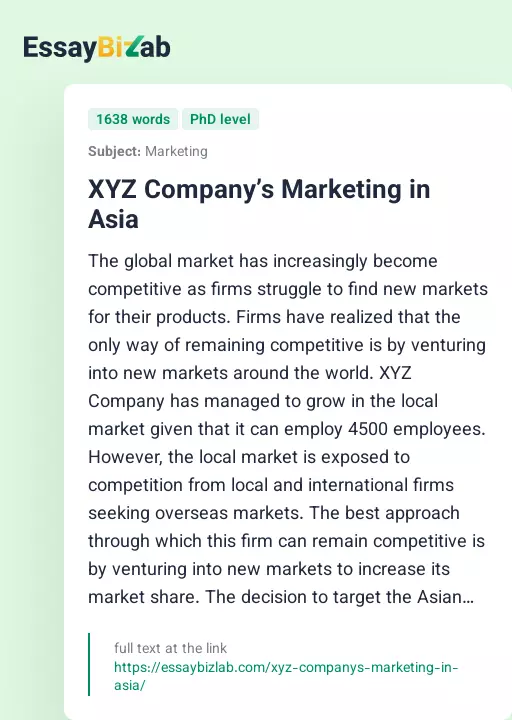 XYZ Company’s Marketing in Asia - Essay Preview