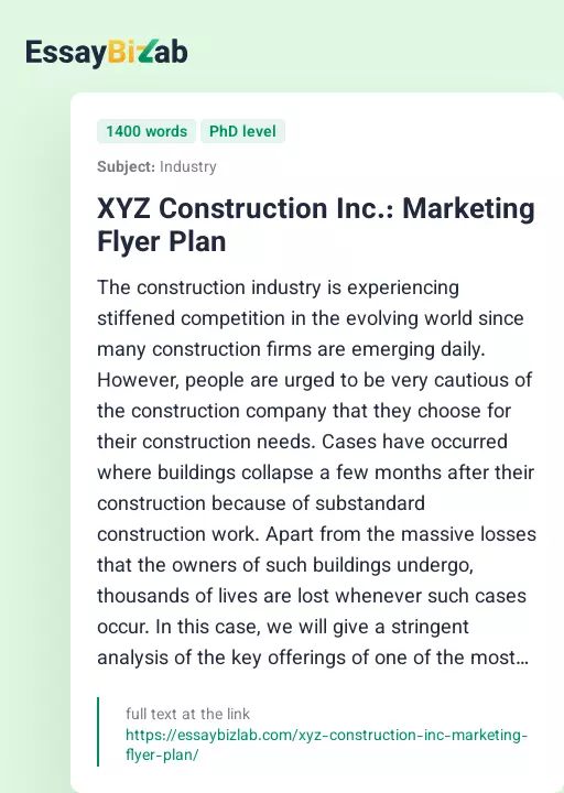 XYZ Construction Inc.: Marketing Flyer Plan - Essay Preview