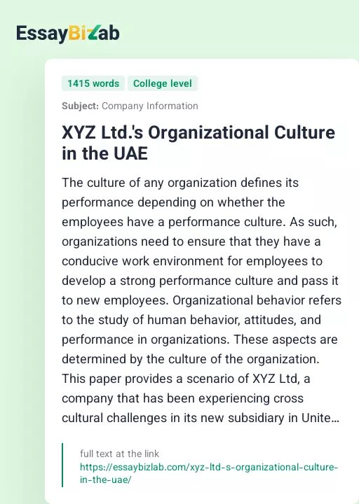 XYZ Ltd.'s Organizational Culture in the UAE - Essay Preview