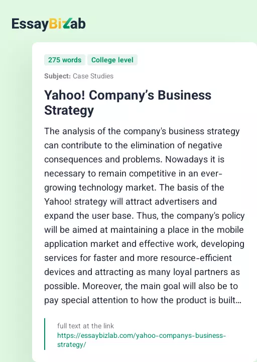 Yahoo! Company’s Business Strategy - Essay Preview