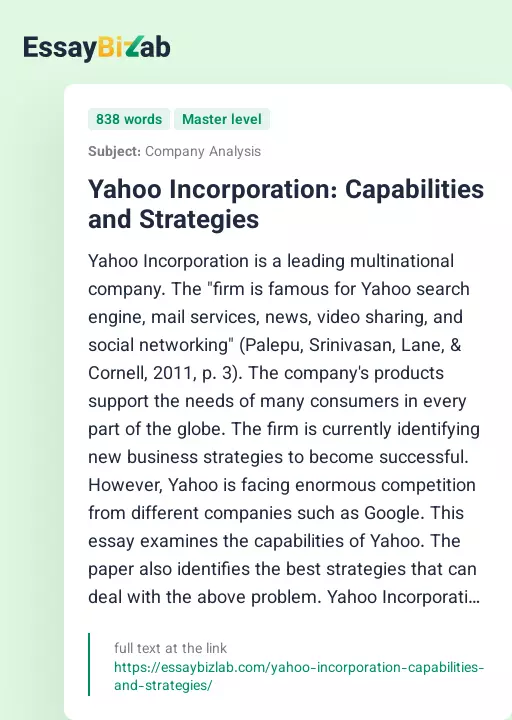 Yahoo Incorporation: Capabilities and Strategies - Essay Preview